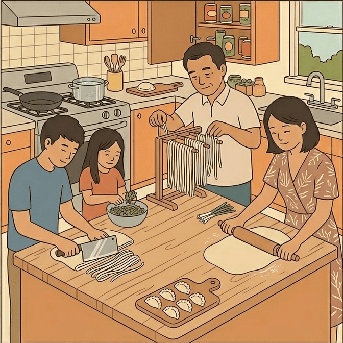A family making pasta and dumplings together in the kitchen