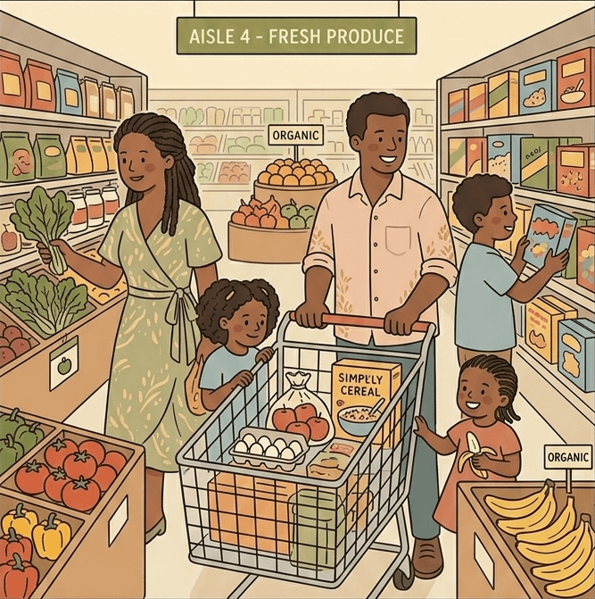 Family shopping in a produce aisle together