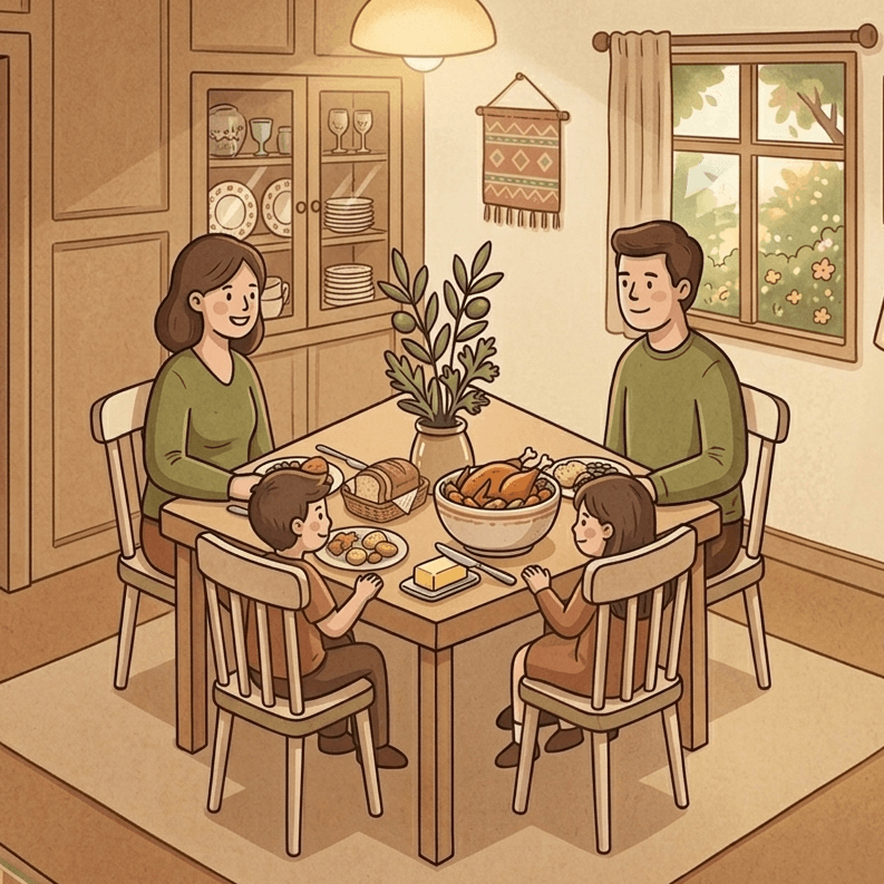 A family of four sitting down to a roast chicken dinner together