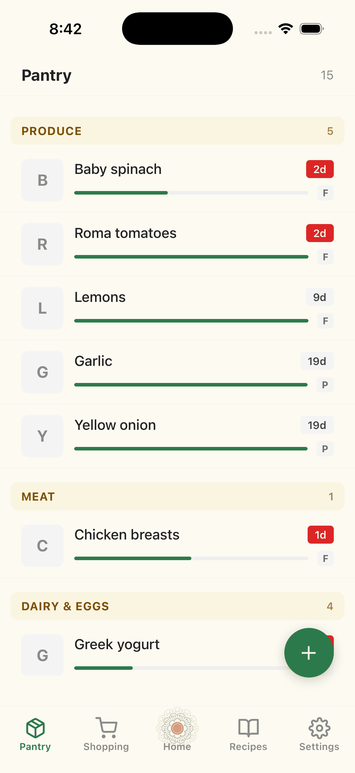 Pantry screen with items grouped by category, quantity bars, and color-coded expiration badges