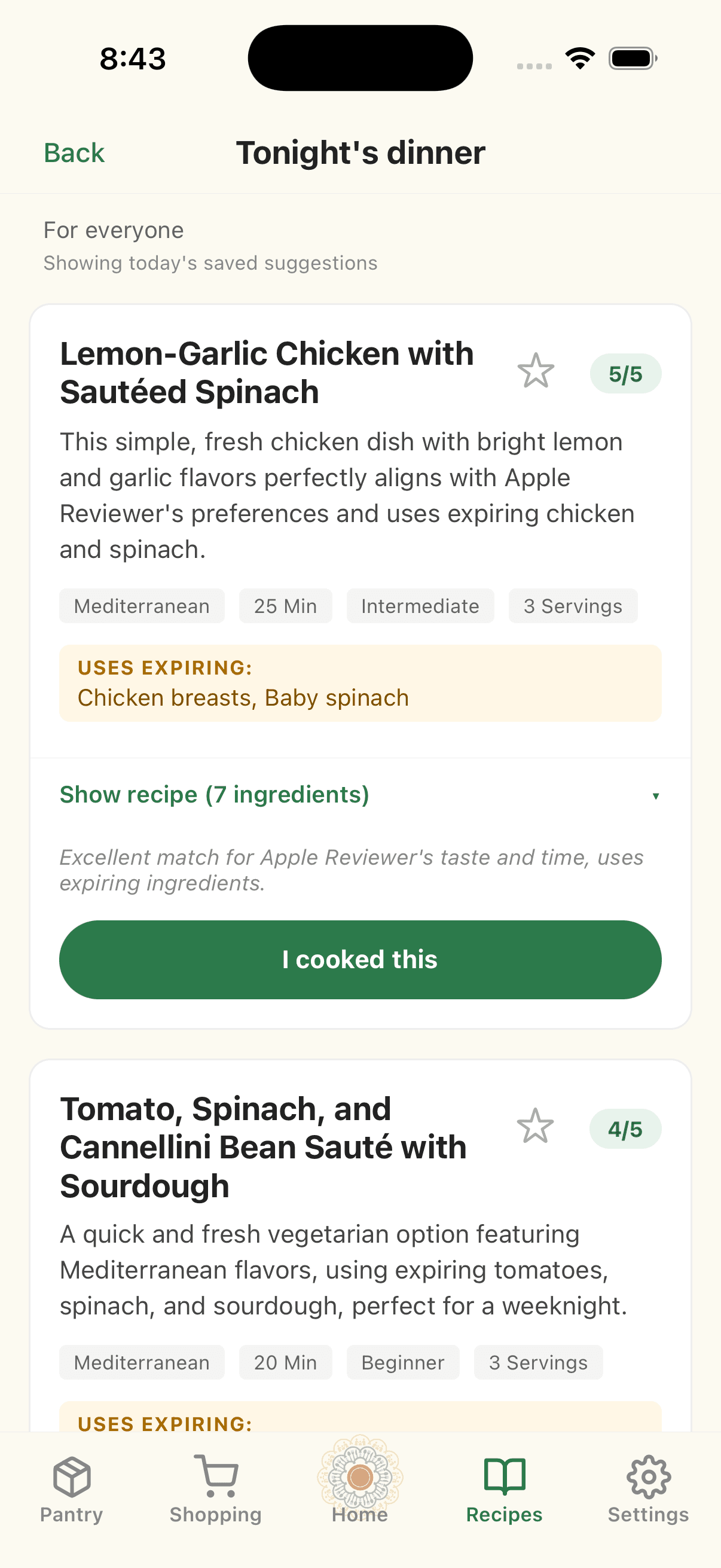 Recipe suggestion cards with star ratings, expiring-ingredient callouts, and an I-cooked-this button